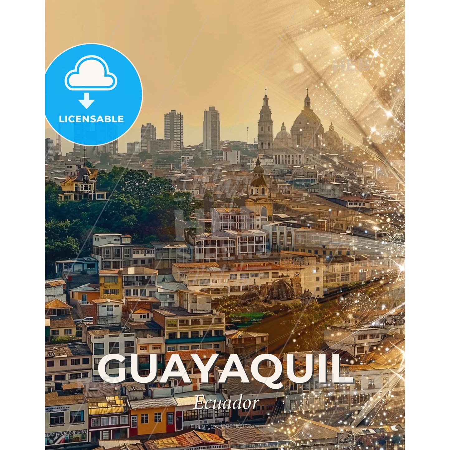 Guayaquil Skyline Double Exposure Poster Art - A city with many buildings and fireworks - Square format print template