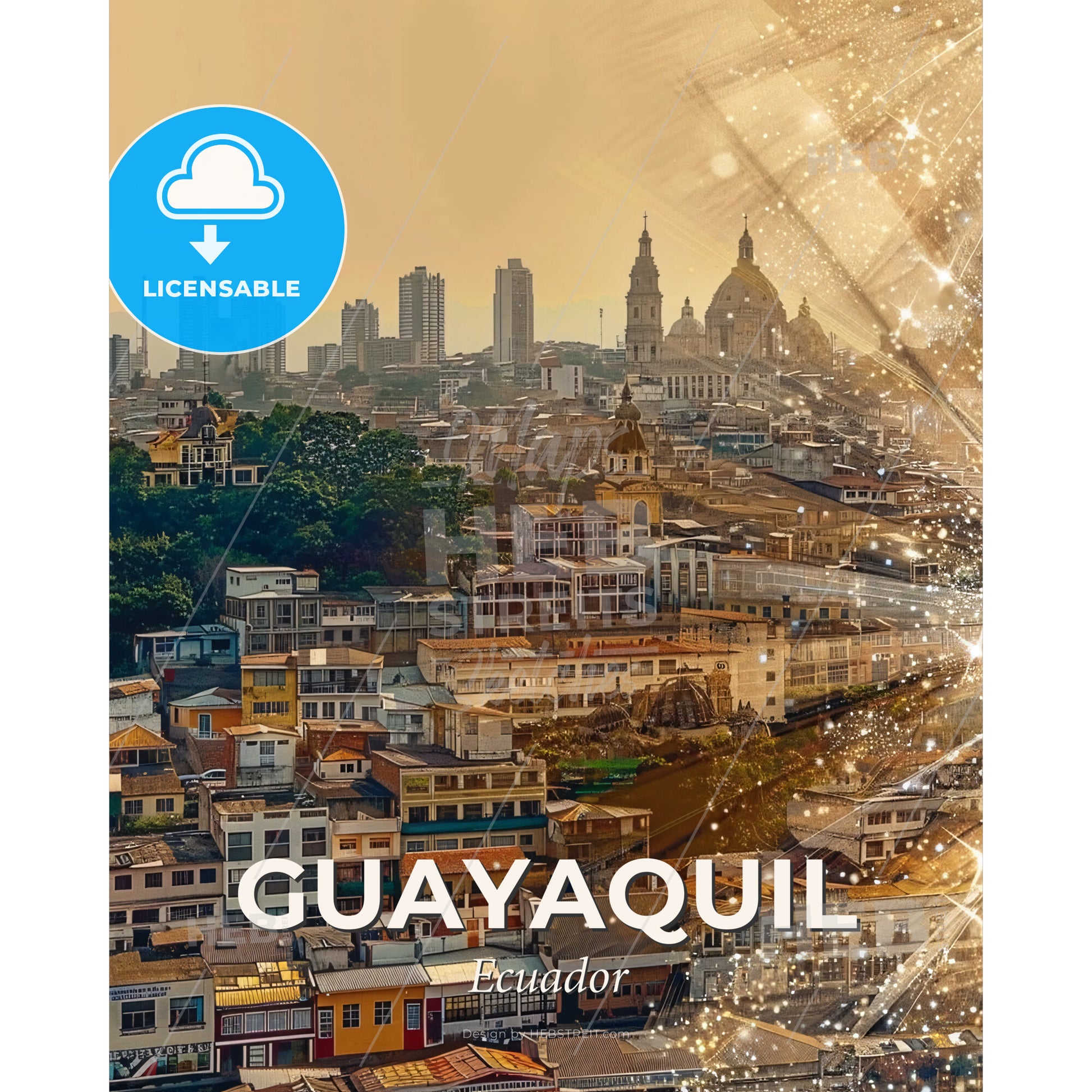 Guayaquil Skyline Double Exposure Poster Art - A city with many buildings and fireworks - Square format print template