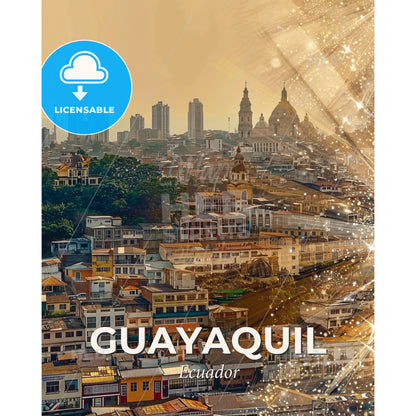 Guayaquil Skyline Double Exposure Poster Art - A city with many buildings and fireworks - Square format print template