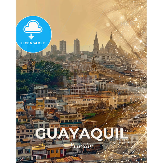 Guayaquil Skyline Double Exposure Poster Art - A city with many buildings and fireworks - Square format print template
