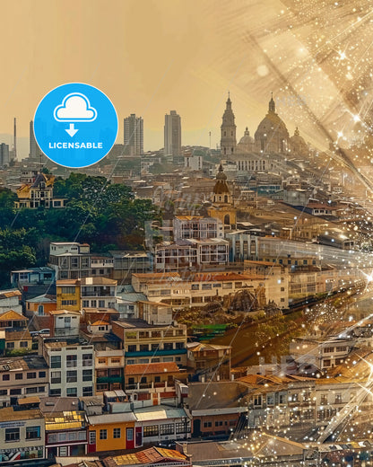 Guayaquil Skyline Double Exposure Poster Art - A city with many buildings and fireworks