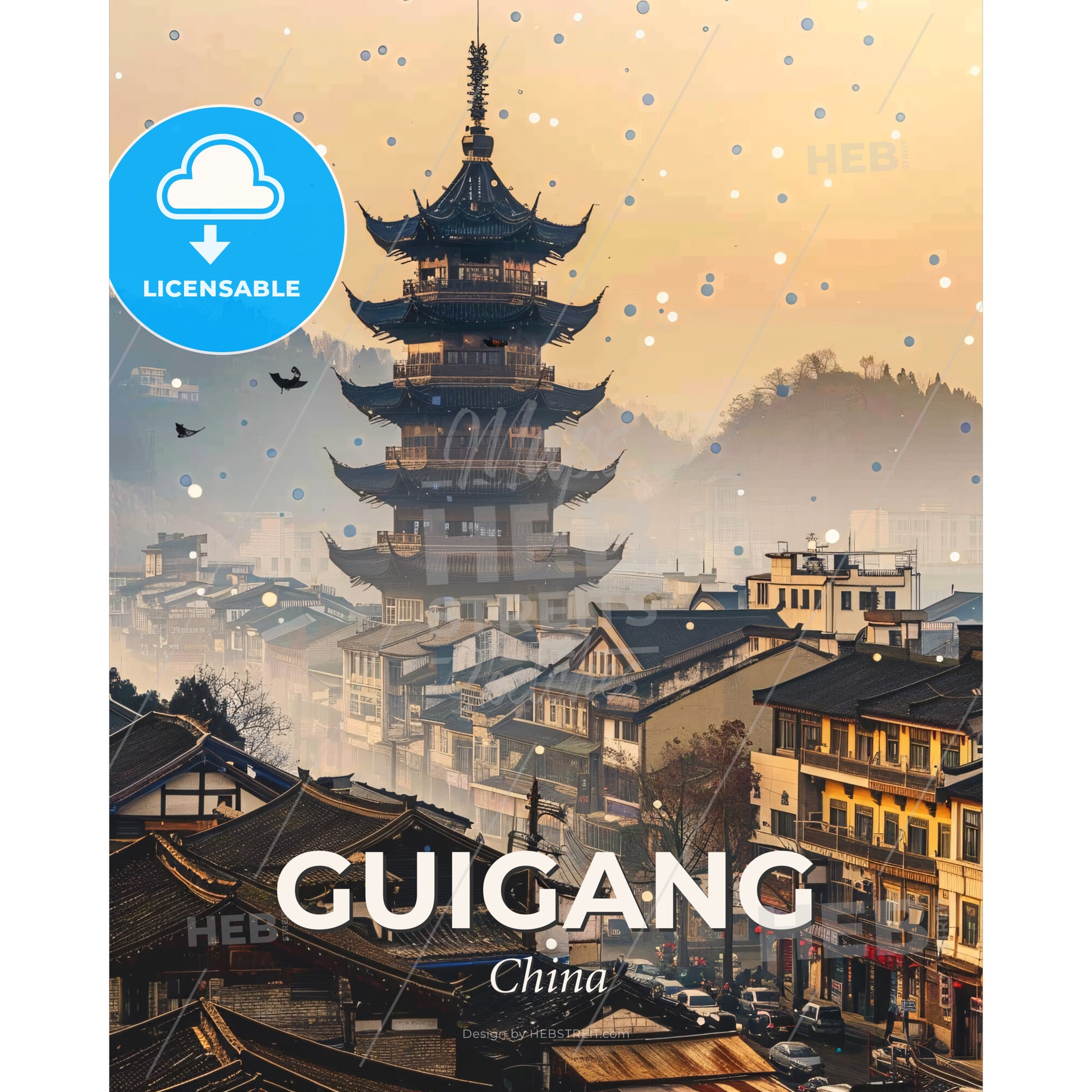 Guigang Skyline Double Exposure Art Poster - A tall pagoda in a city - Square format print template