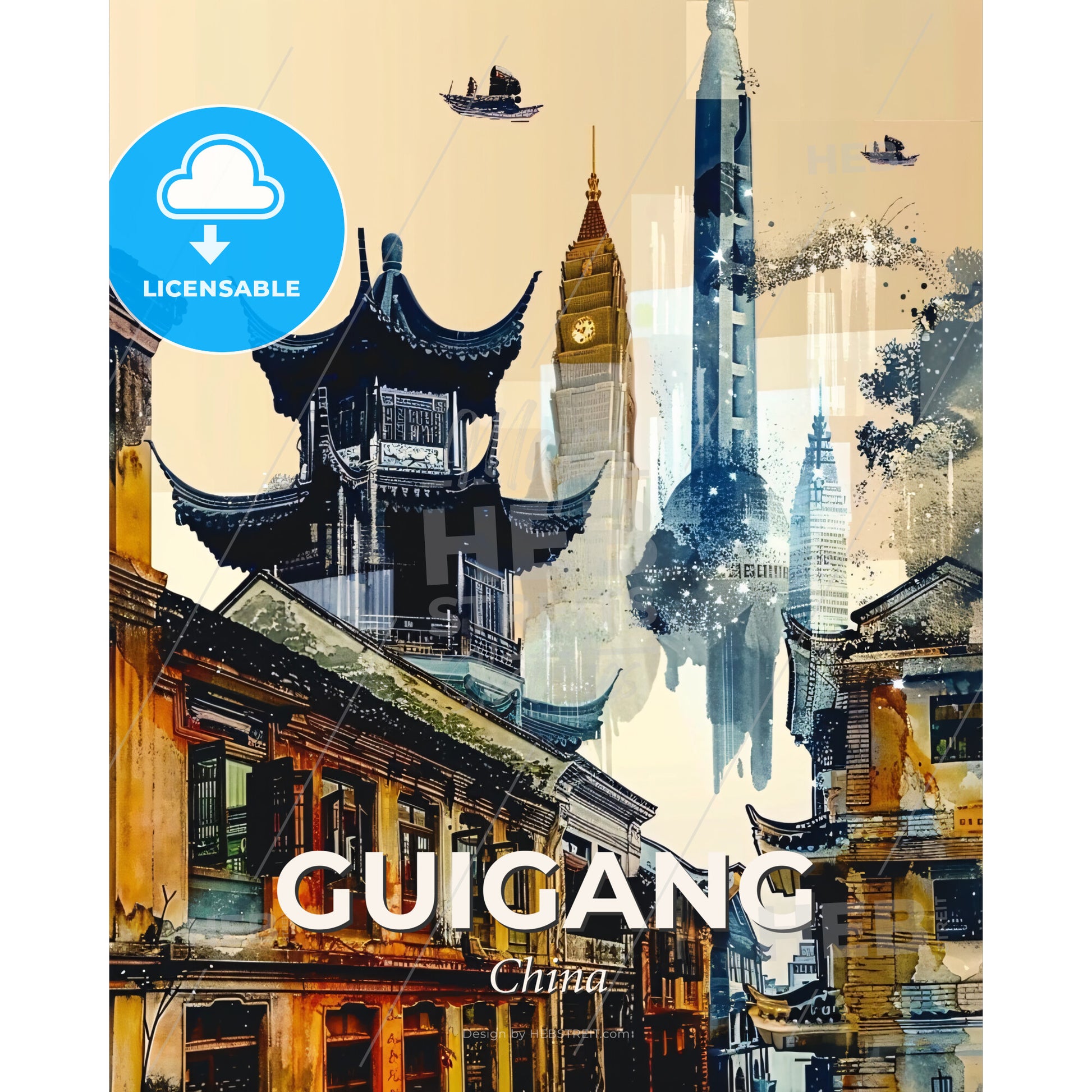 Guigang Skyline Mosaic Art Poster - A city with buildings and a clock tower - Square format print template