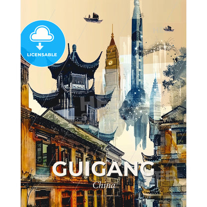 Guigang Skyline Mosaic Art Poster - A city with buildings and a clock tower - Square format print template