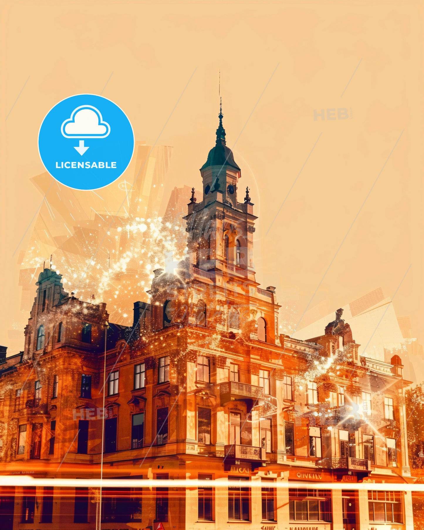 Gävle City Skyline Art Print - A building with a tower and fireworks