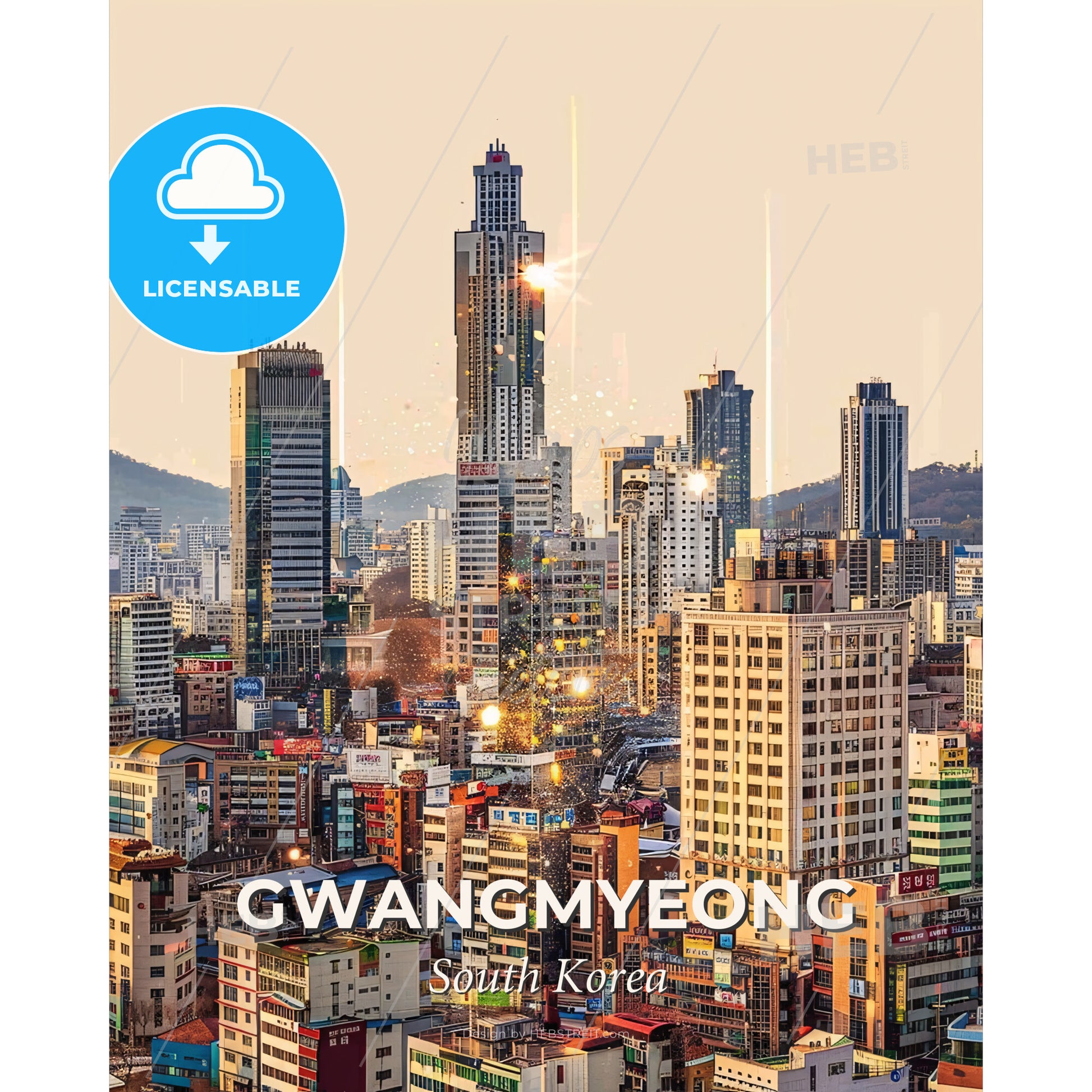 Gwangmyeong City Skyline Composite Bright Beige Paper Poster - A city with many tall buildings - Square format print template