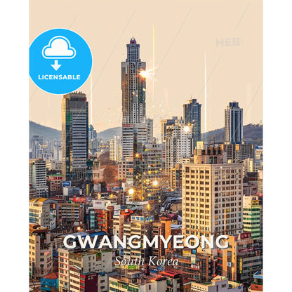 Gwangmyeong City Skyline Composite Bright Beige Paper Poster - A city with many tall buildings - Square format print template