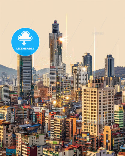 Gwangmyeong City Skyline Composite Bright Beige Paper Poster - A city with many tall buildings