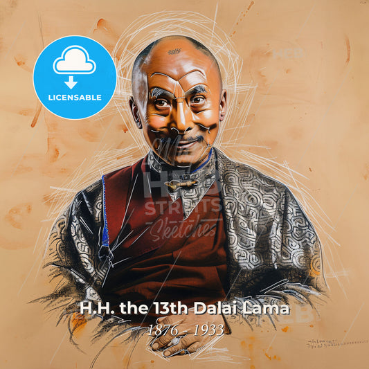 H.H. the 13th Dalai Lama, 1876 - 1933, Tibetan spiritual leader - A Man With A Mustache And A Beard Print Template