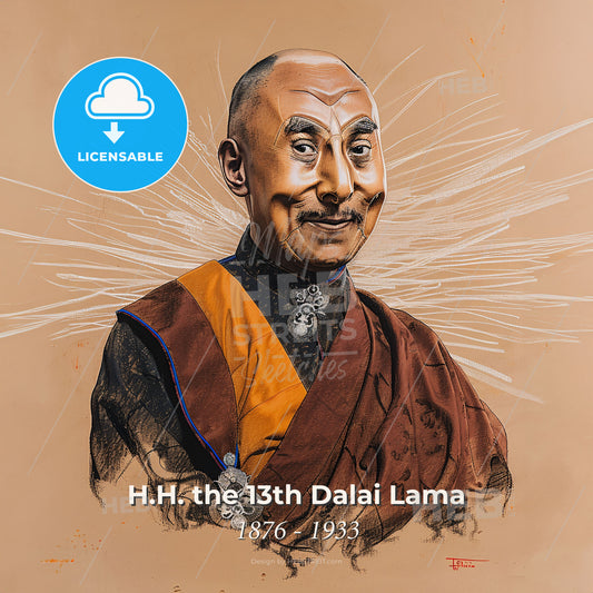 H.H. the 13th Dalai Lama, 1876 - 1933, Tibetan spiritual leader - A Man With A Mustache And A Garment Print Template