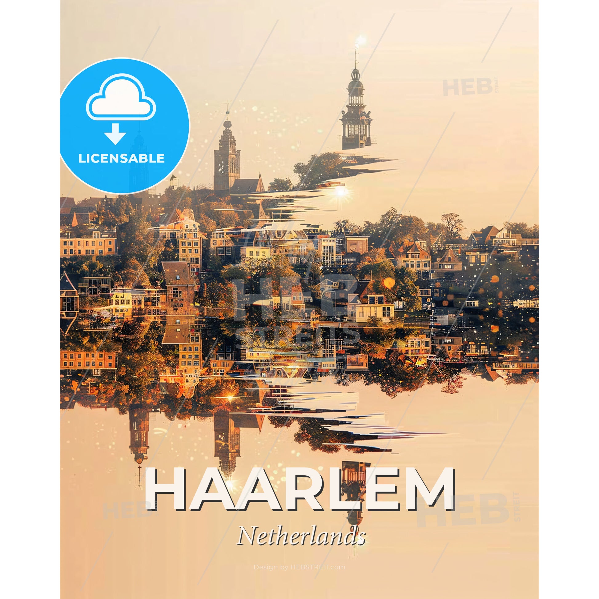 Haarlem Cityscape Poster Art with Local Flair - A city with trees and buildings reflected in water - Square format print template