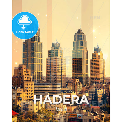 Hadera Skyline Sunrise Local Iconic Landmark Poster - A group of tall buildings - Square format print template