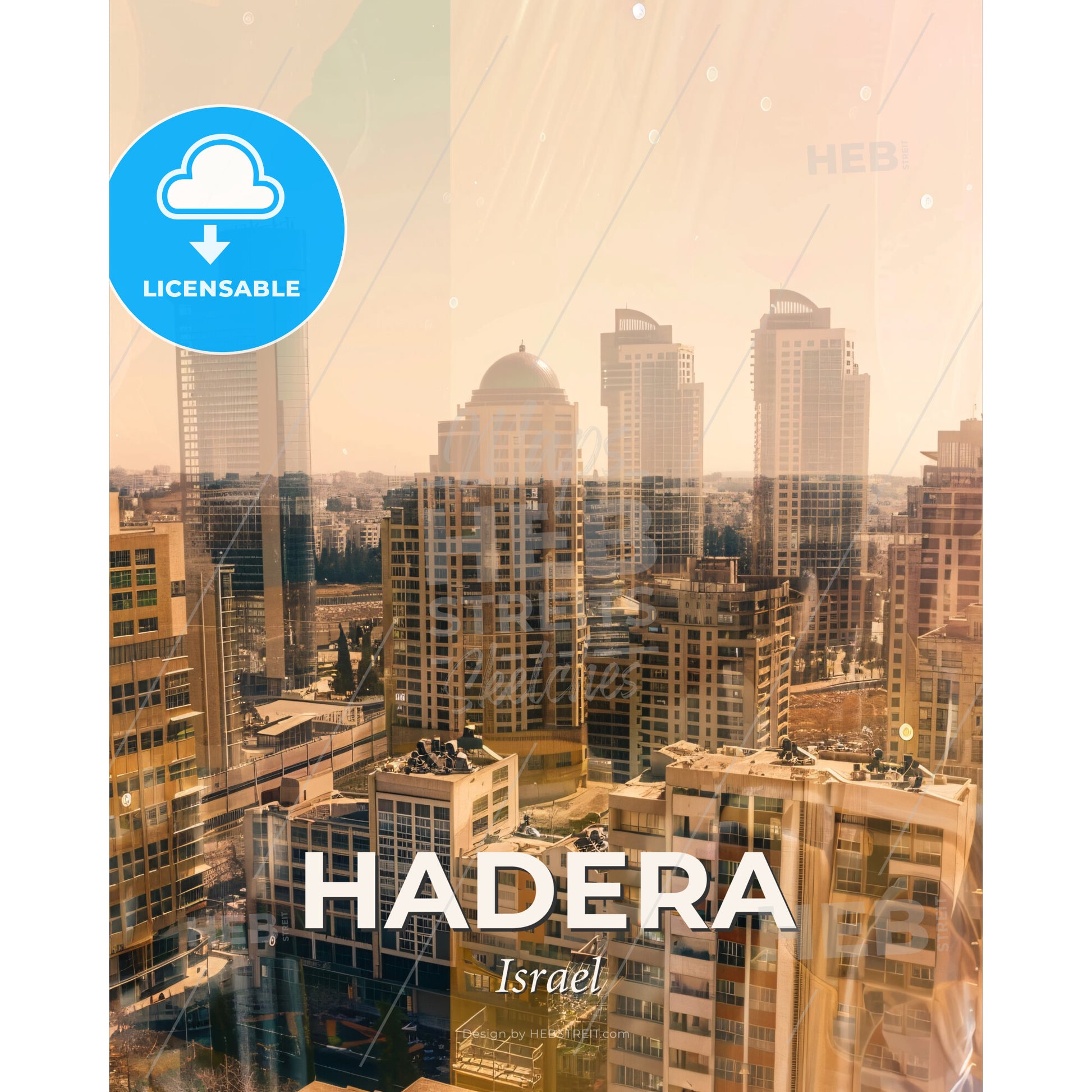 Hadera Israel Skyline Poster Art Bright Cozy Warm - A city with many tall buildings - Square format print template