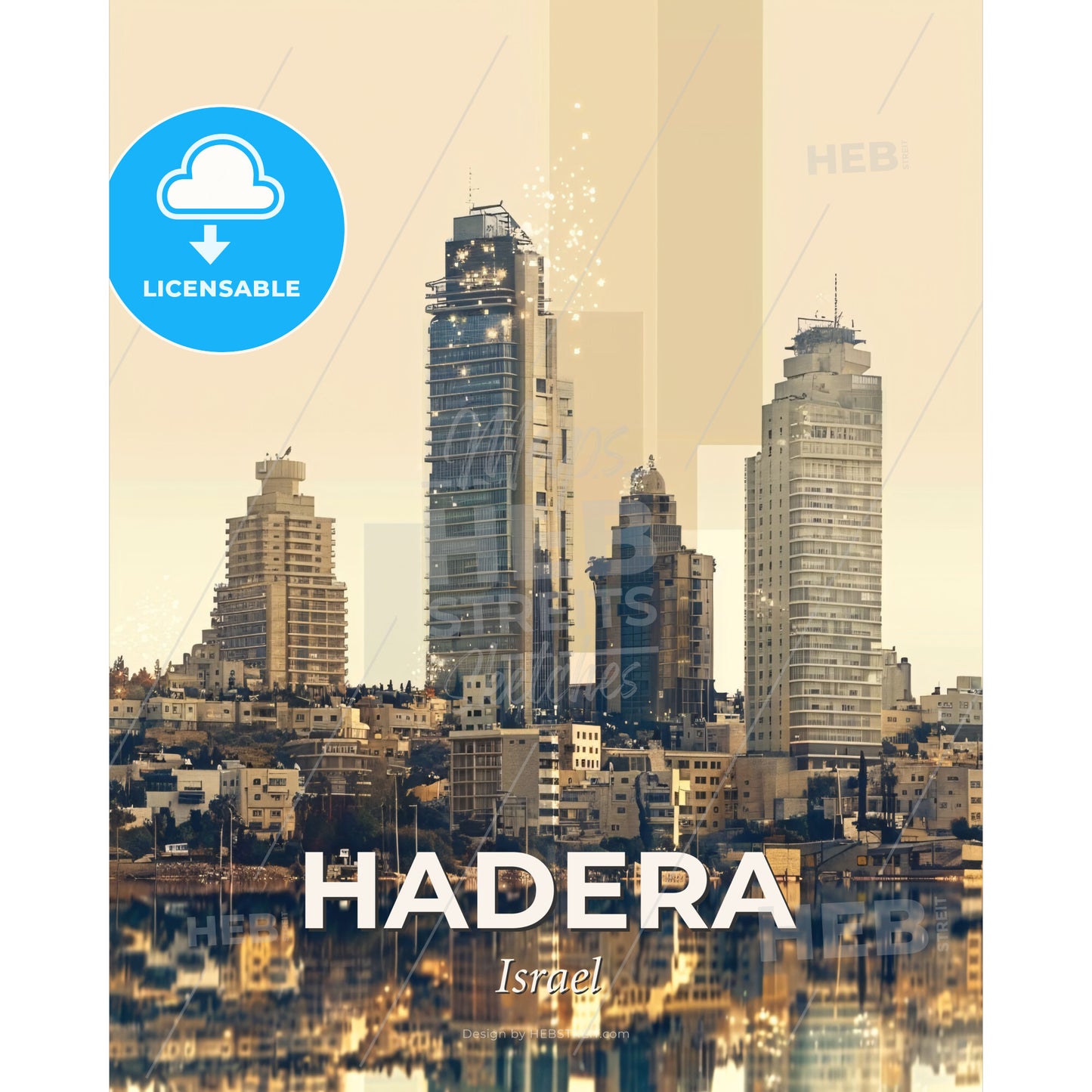 Hadera Skyline Art Poster Local Heritage Vibrancy - A city with tall buildings and a body of water - Square format print template