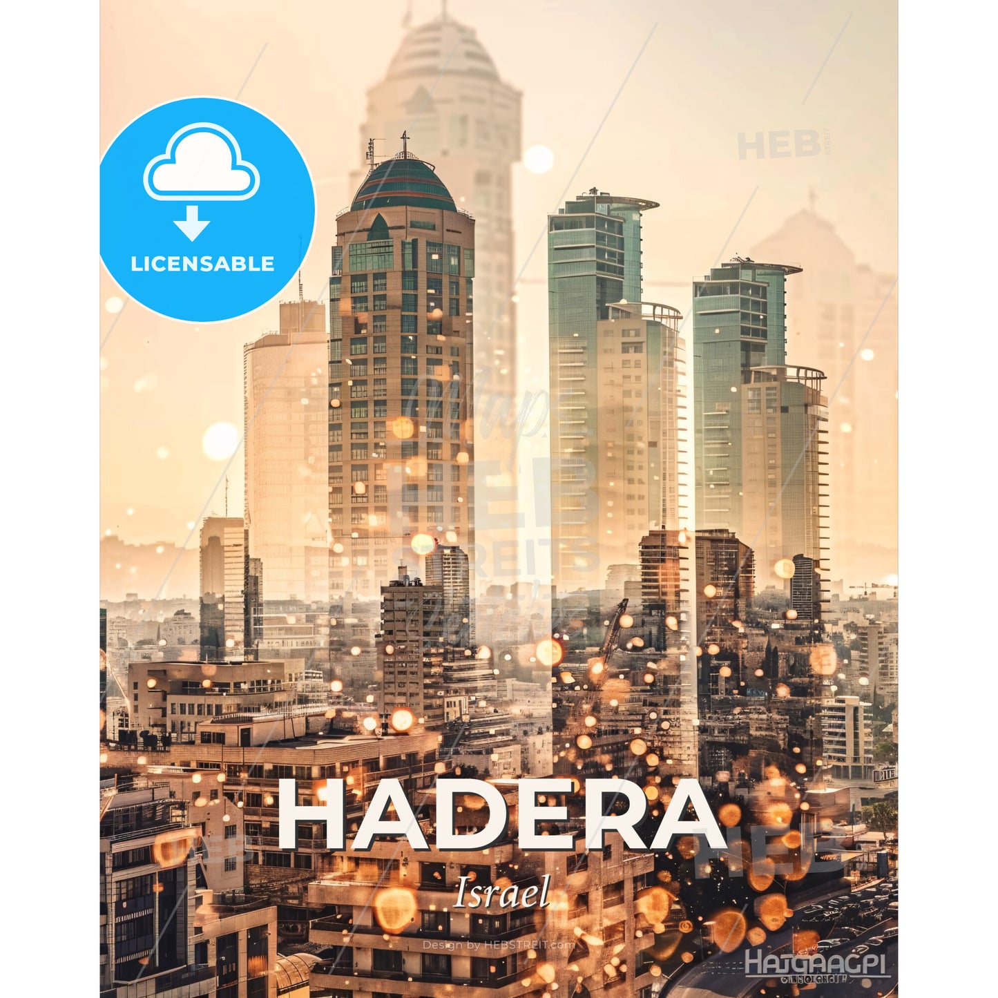 Hadera Skyline Double Exposure Composite Art - A city skyline with many tall buildings - Square format print template