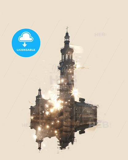 Hafnarfjörður Skyline Double Exposure Silhouette Poster - A building with a tower