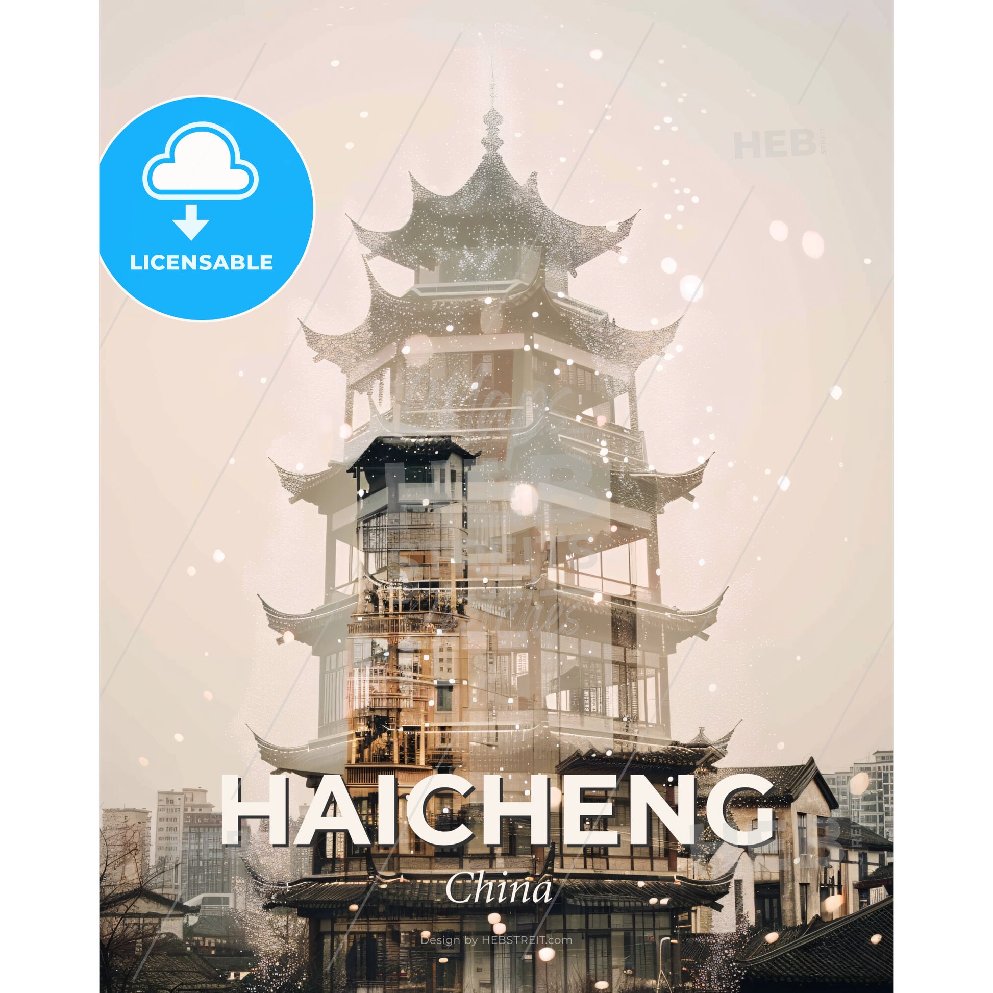 Haicheng Skyline Art: Local Beauty, Modern Wonder - A double exposure of a building - Square format print template