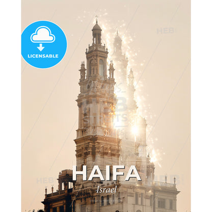 Haifa Skyline Art: Double Exposure with Iconic Architecture - A large building with a tower - Square format print template