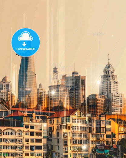 Haiphong Skyline Double Exposure Art Poster - A city skyline with many buildings