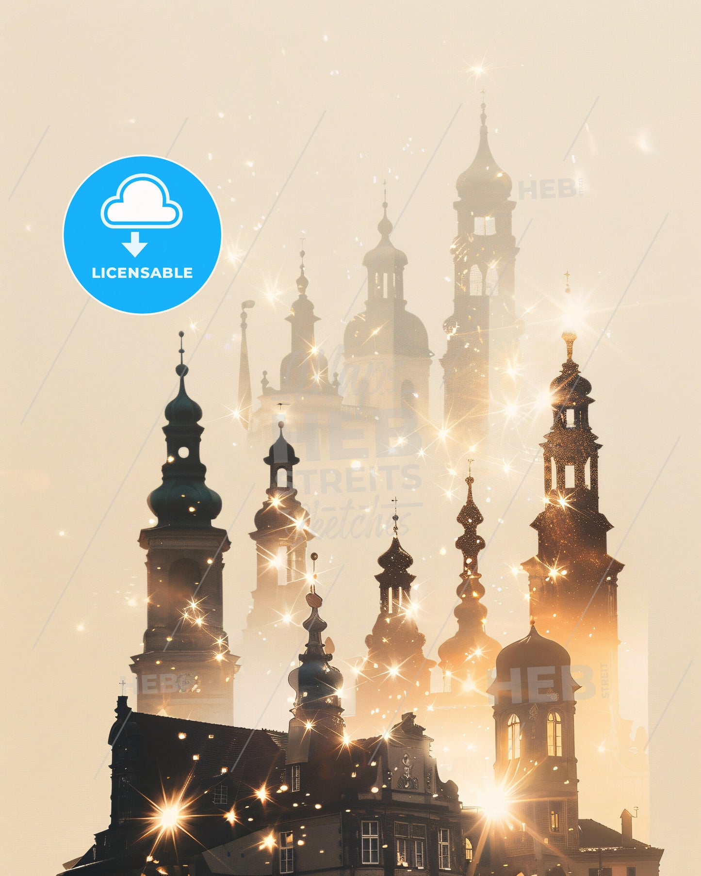 Halle Skyline Double Exposure Composite Poster - A group of buildings with towers and spires