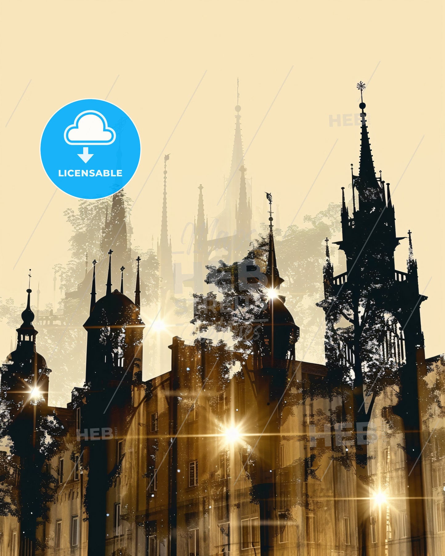 Halle Silhouette Reimagined: Sparkles on Beige - A silhouette of a building with towers and trees