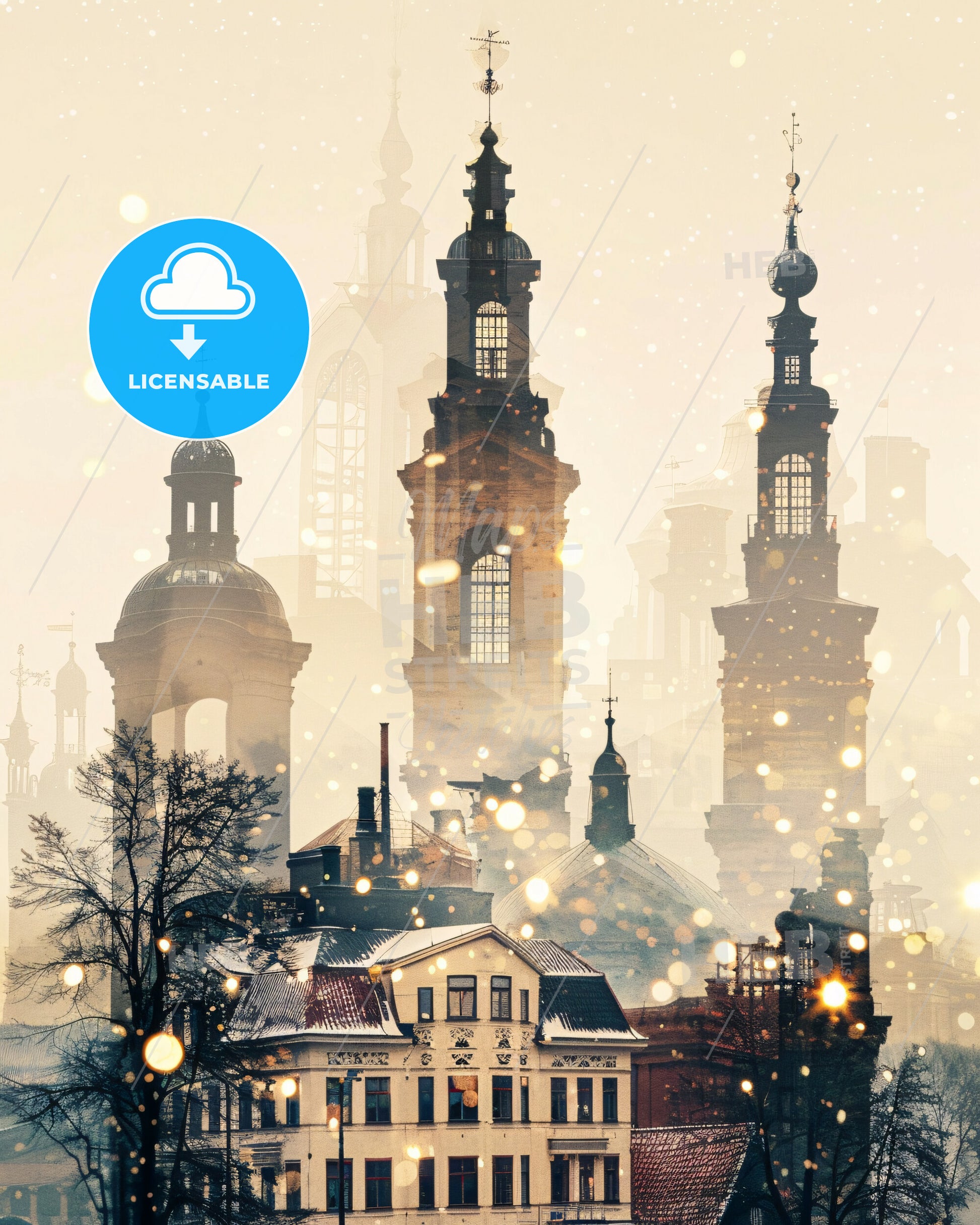 Halmstad City Icon Skyline Double Exposure Art Print - A group of buildings with towers and trees in the background