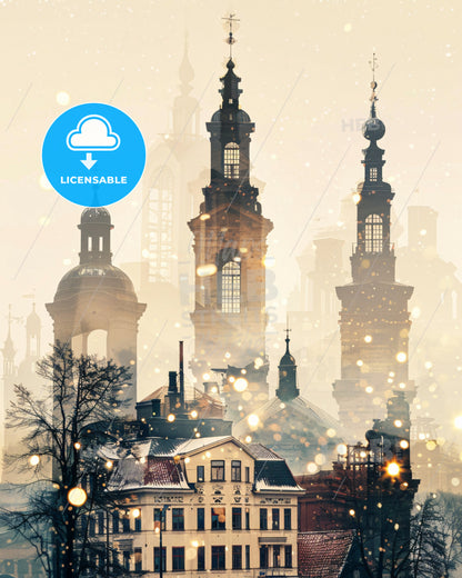 Halmstad City Icon Skyline Double Exposure Art Print - A group of buildings with towers and trees in the background