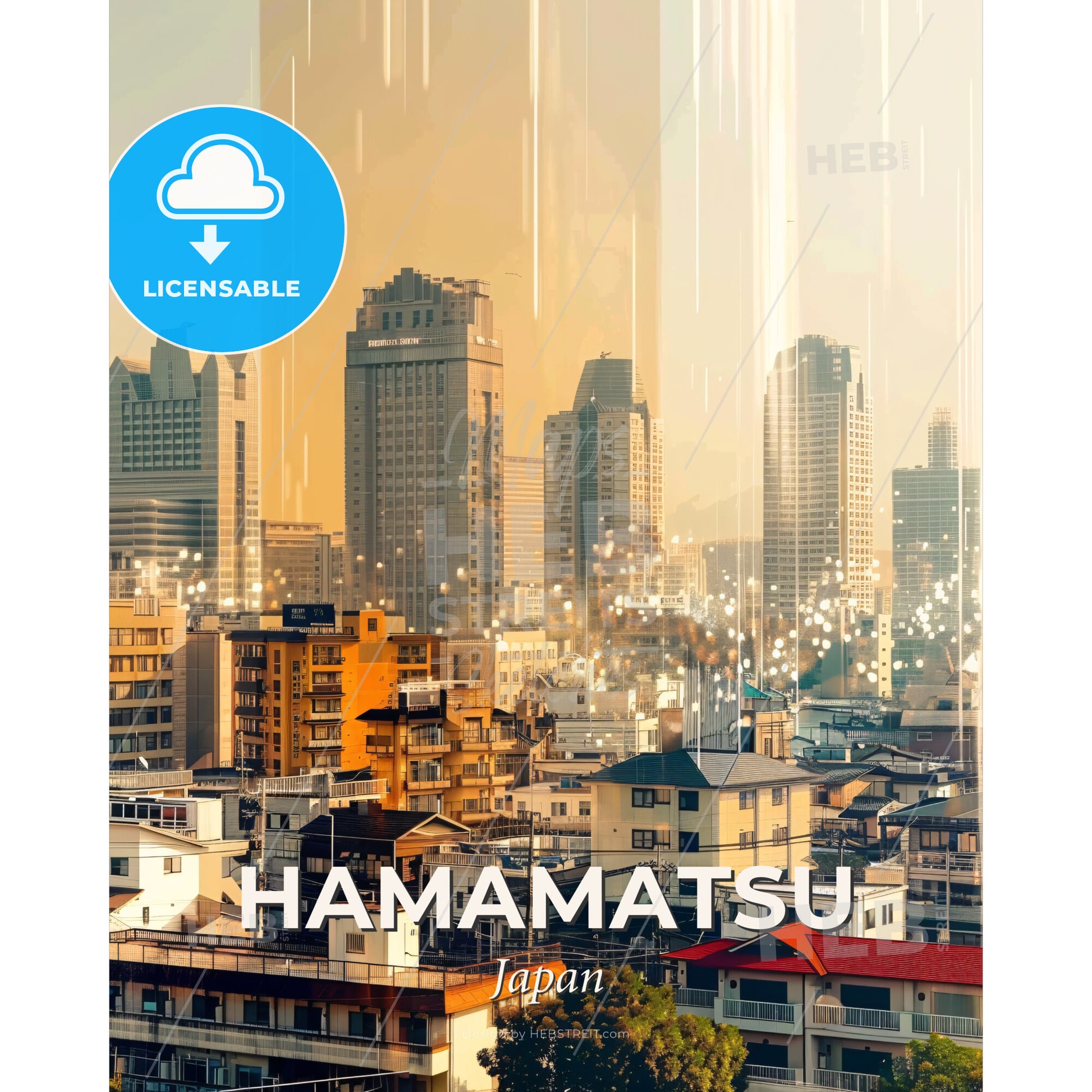 Hamamatsu Skyline Double Exposure Art Poster - A city with many buildings - Square format print template