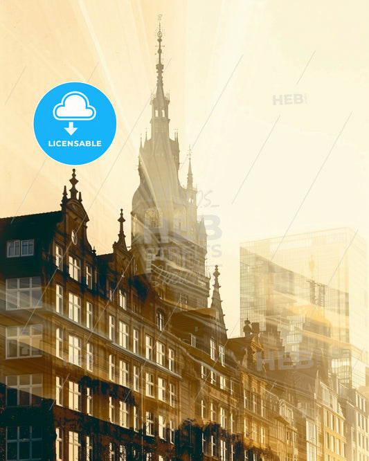 Hamburg Skyline Double Exposure City Silhouette - A building with a spire