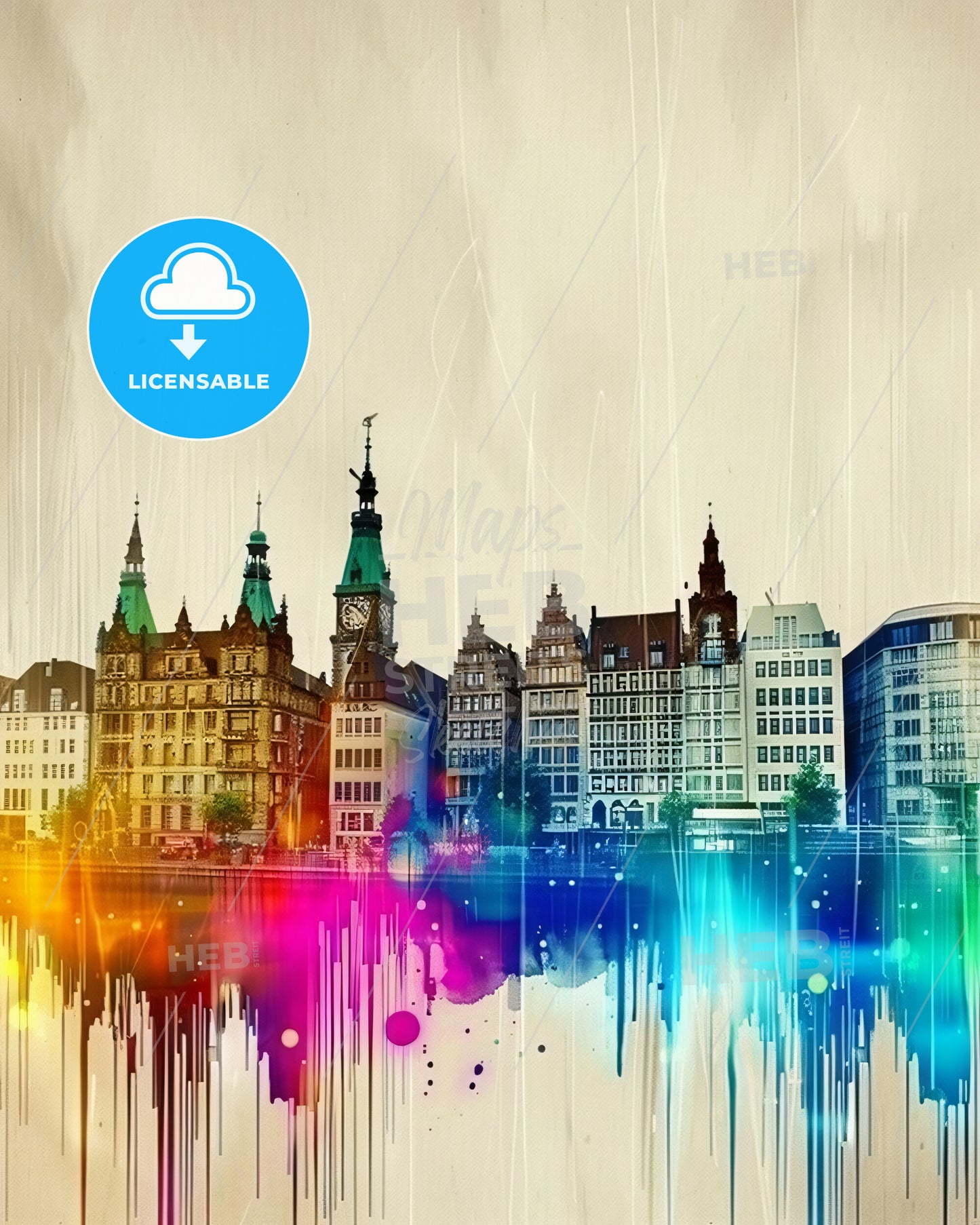 Hamburg Skyline Geometric Composite Art Poster - A colorful city skyline with many buildings