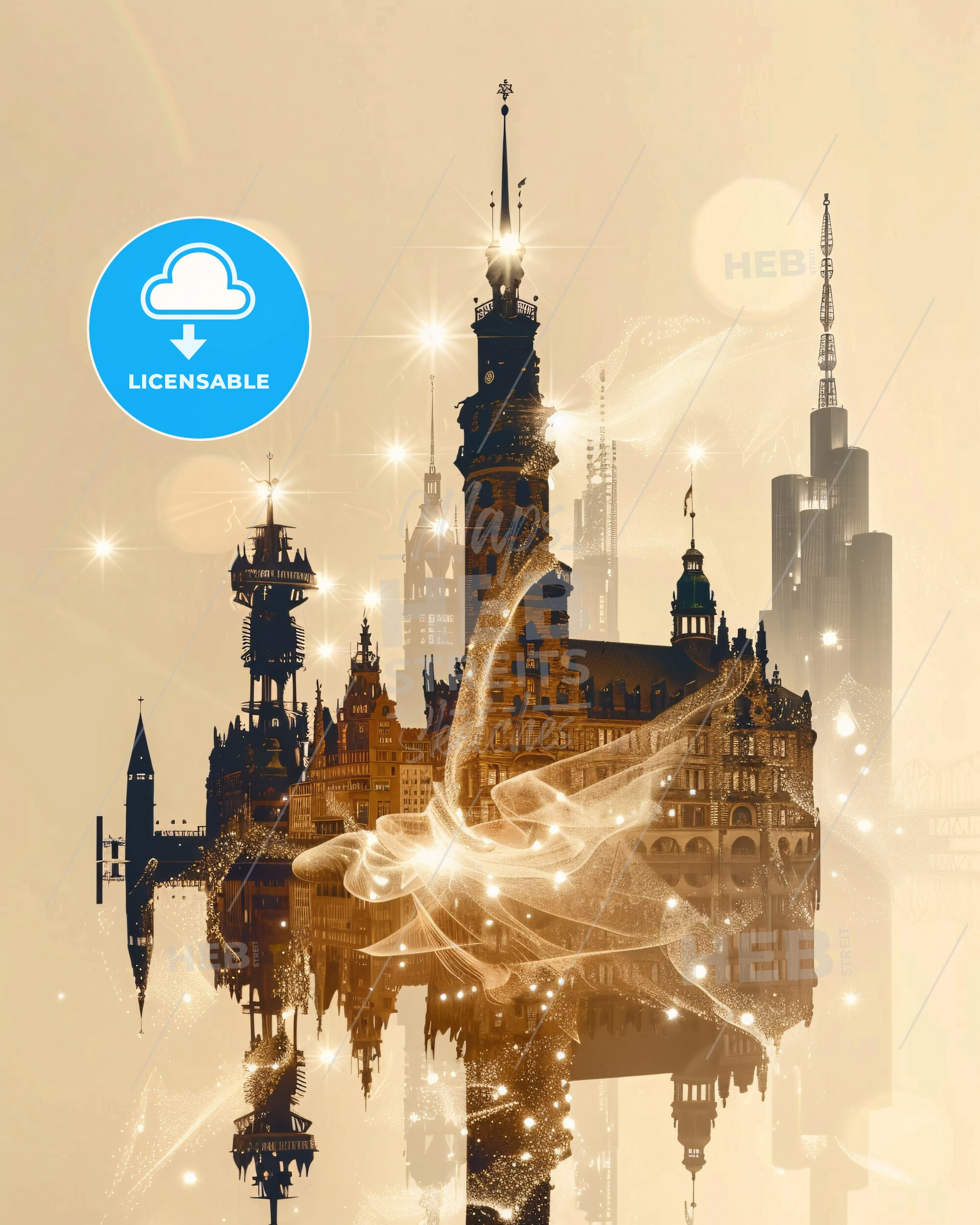 Hamburg City Silhouette Double Exposure Composite Poster Art - A castle with a light reflection