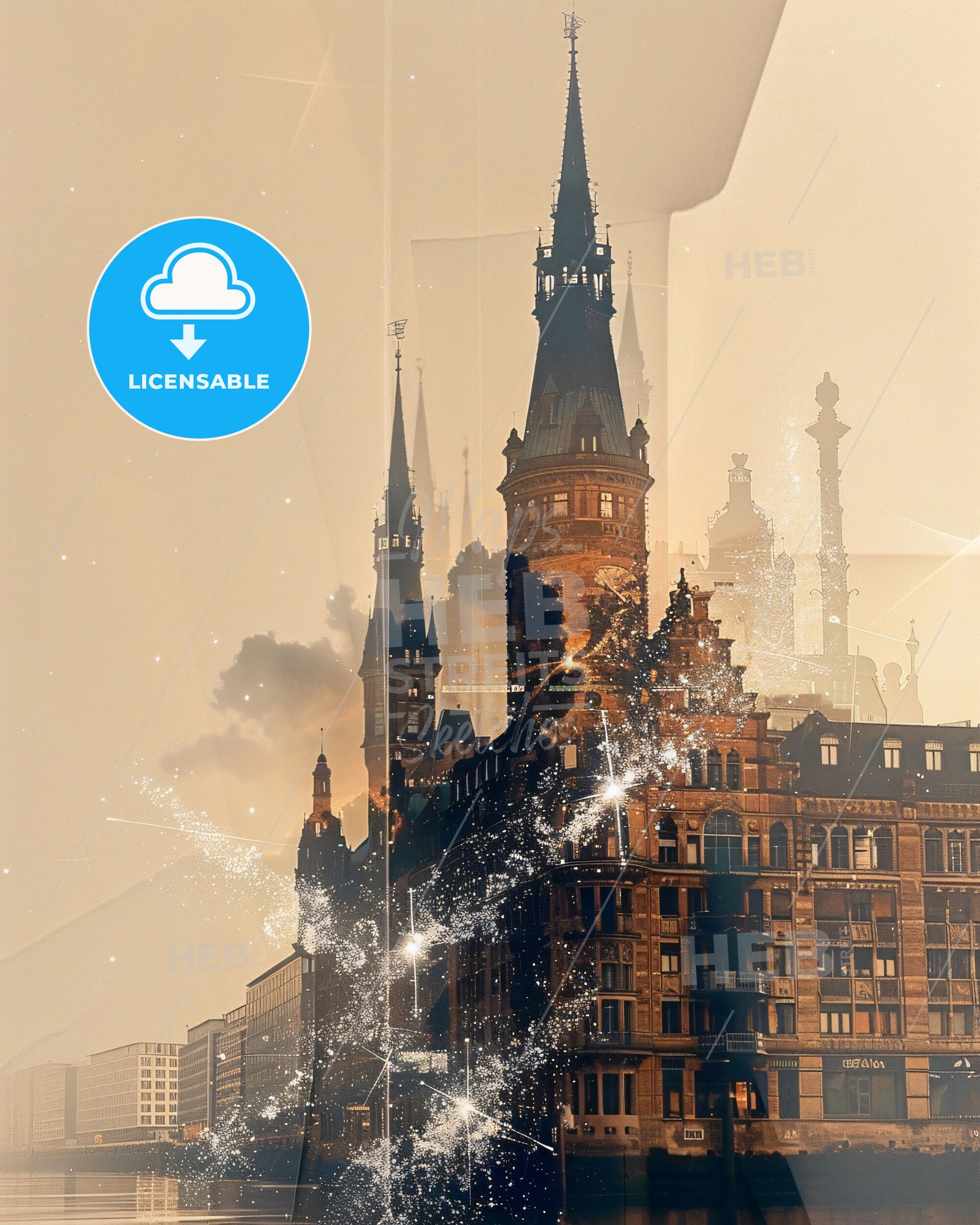 Hamburg City Skyline Art Deco Poster - A double exposure of a building