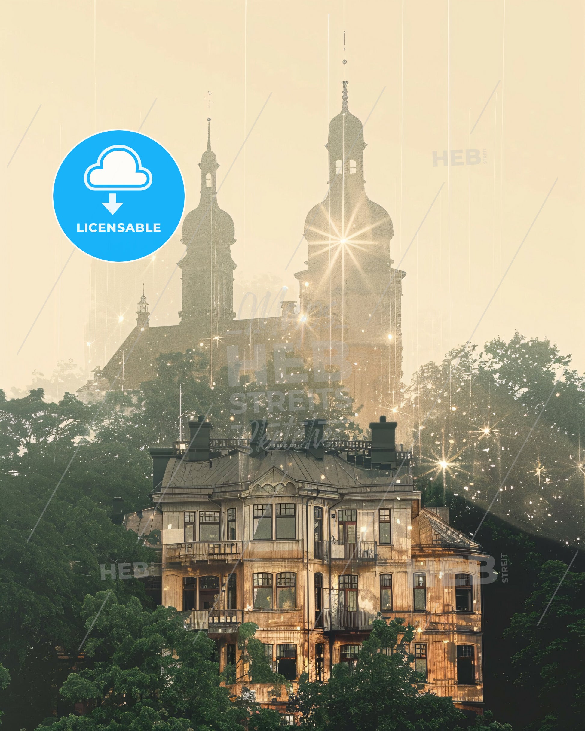 Hammarö, Sweden Skyline, Double Exposure Composite Art Print - A building with towers and trees in the background