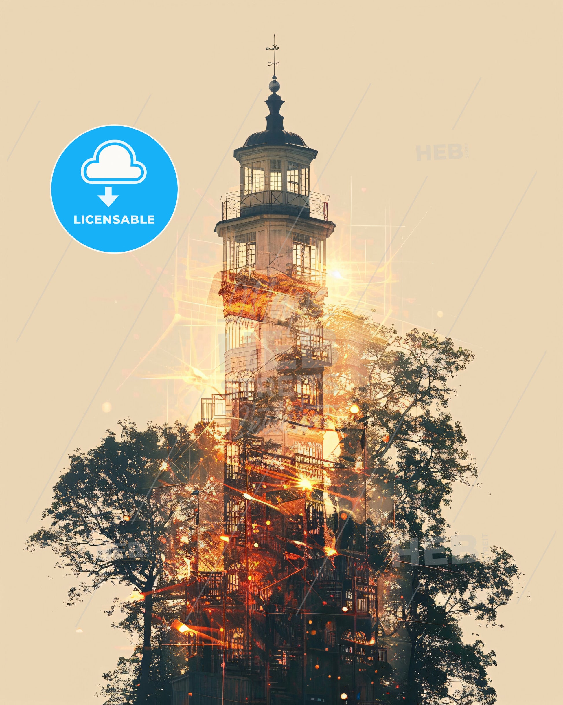 Hammarö, Sweden: Skyline Double Exposure Art - A light house with a tree and fire escape