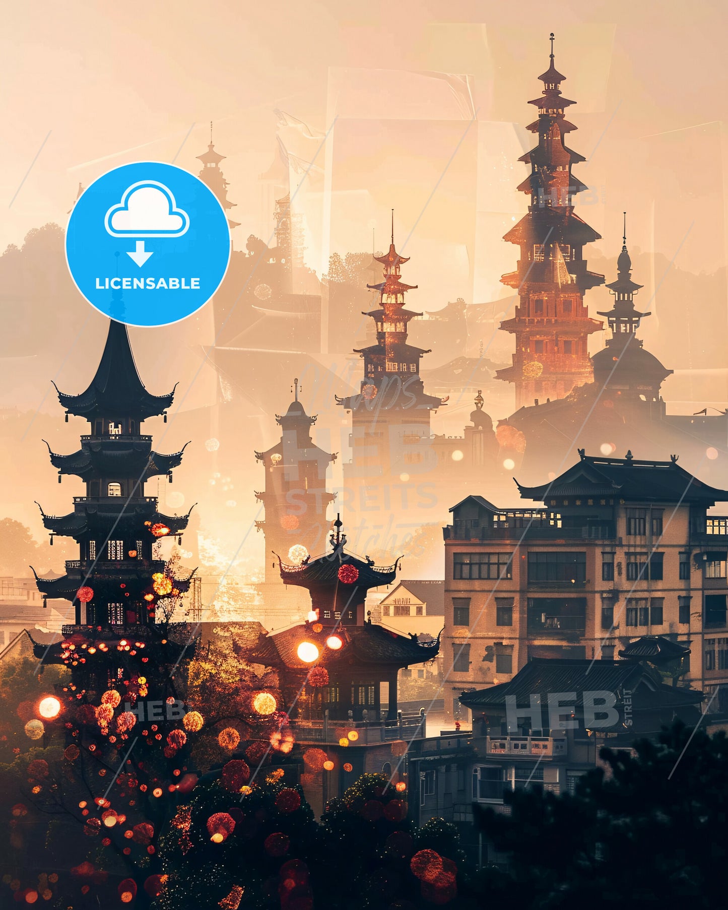 Hangzhou Cityscape Composite Art Poster - A city with tall buildings and a foggy sky