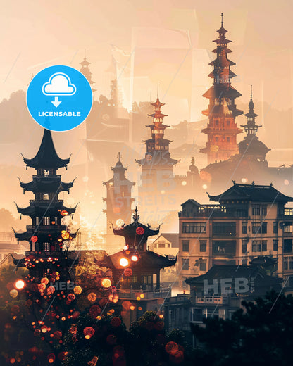 Hangzhou Cityscape Composite Art Poster - A city with tall buildings and a foggy sky