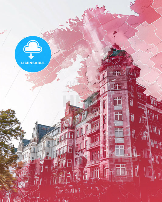 Hannover Germany Colorful Cityscape Skyline Composite Art - A building with trees and a red and white background
