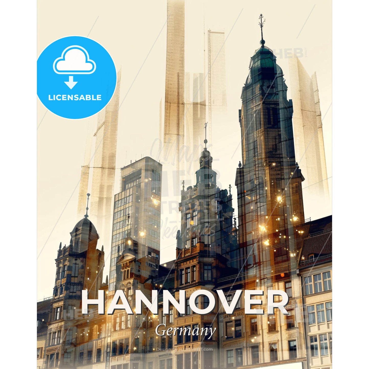 Hannover Cityscape Skyline Poster Art - A city skyline with many tall buildings - Square format print template