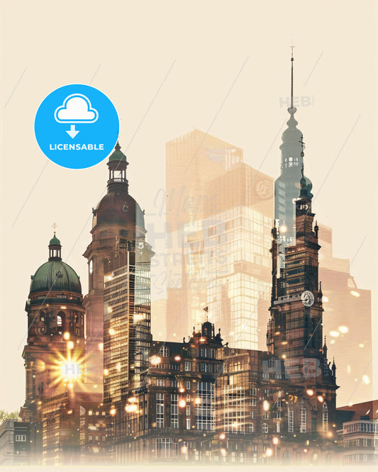 Hannover Skyline Cityscape Double Exposure Poster - A city skyline with many tall buildings