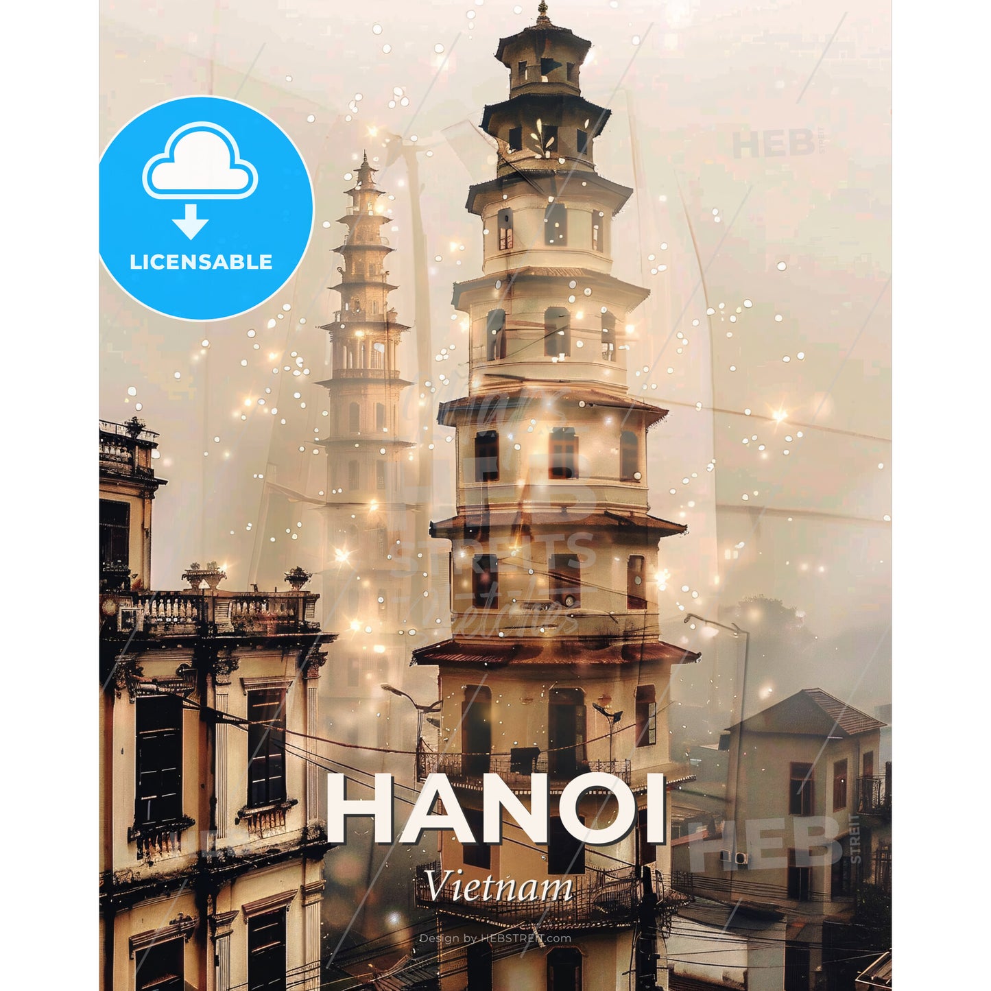Hanoi City Skyline - Double Exposure Poster Art - A tall building with many windows with Siddhivinayak Temple, Mumbai in the background - Square format print template