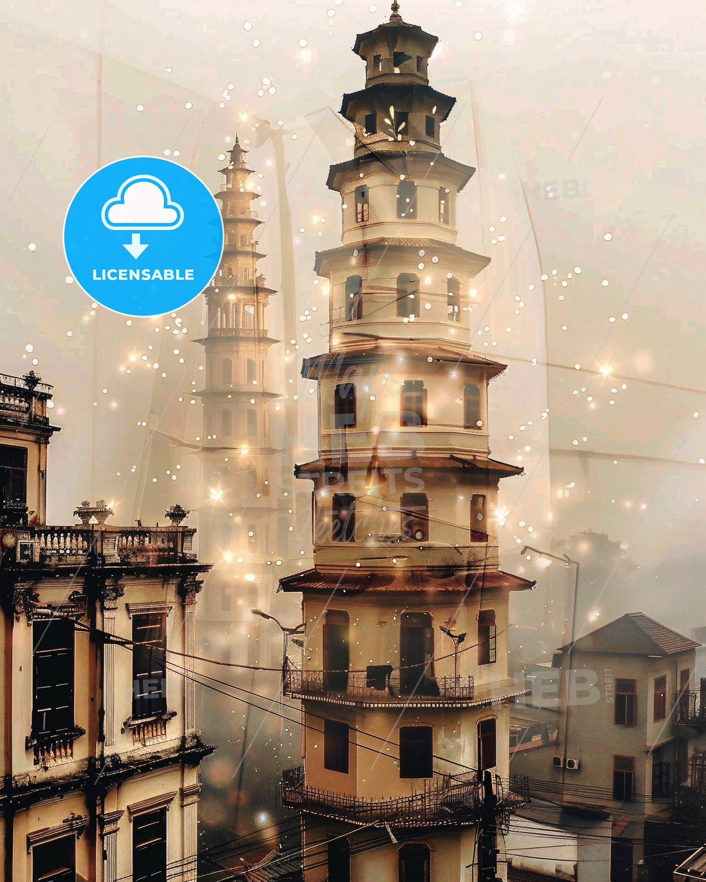 Hanoi City Skyline - Double Exposure Poster Art - A tall building with many windows with Siddhivinayak Temple, Mumbai in the background