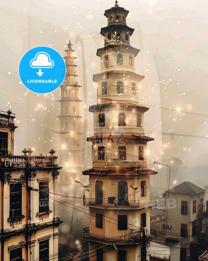 Hanoi City Skyline - Double Exposure Poster Art - A tall building with many windows with Siddhivinayak Temple, Mumbai in the background