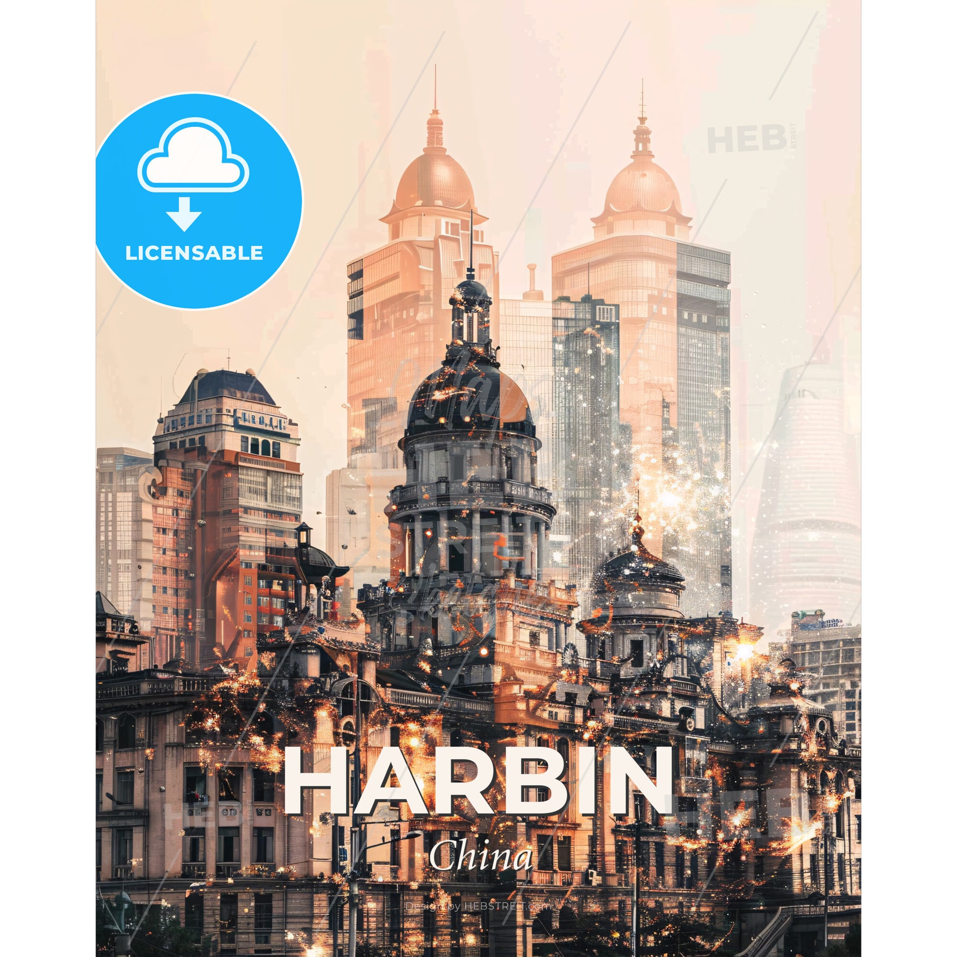 Harbin Double Exposure Art Skyline Poster - A large building with many towers and fireworks - Square format print template