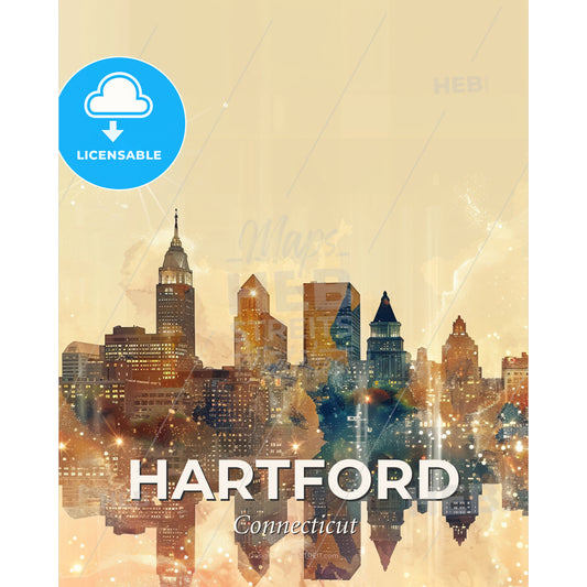 Hartford Cityscape Skyline Art Deco Poster Design - A city skyline with many tall buildings - Square format print template