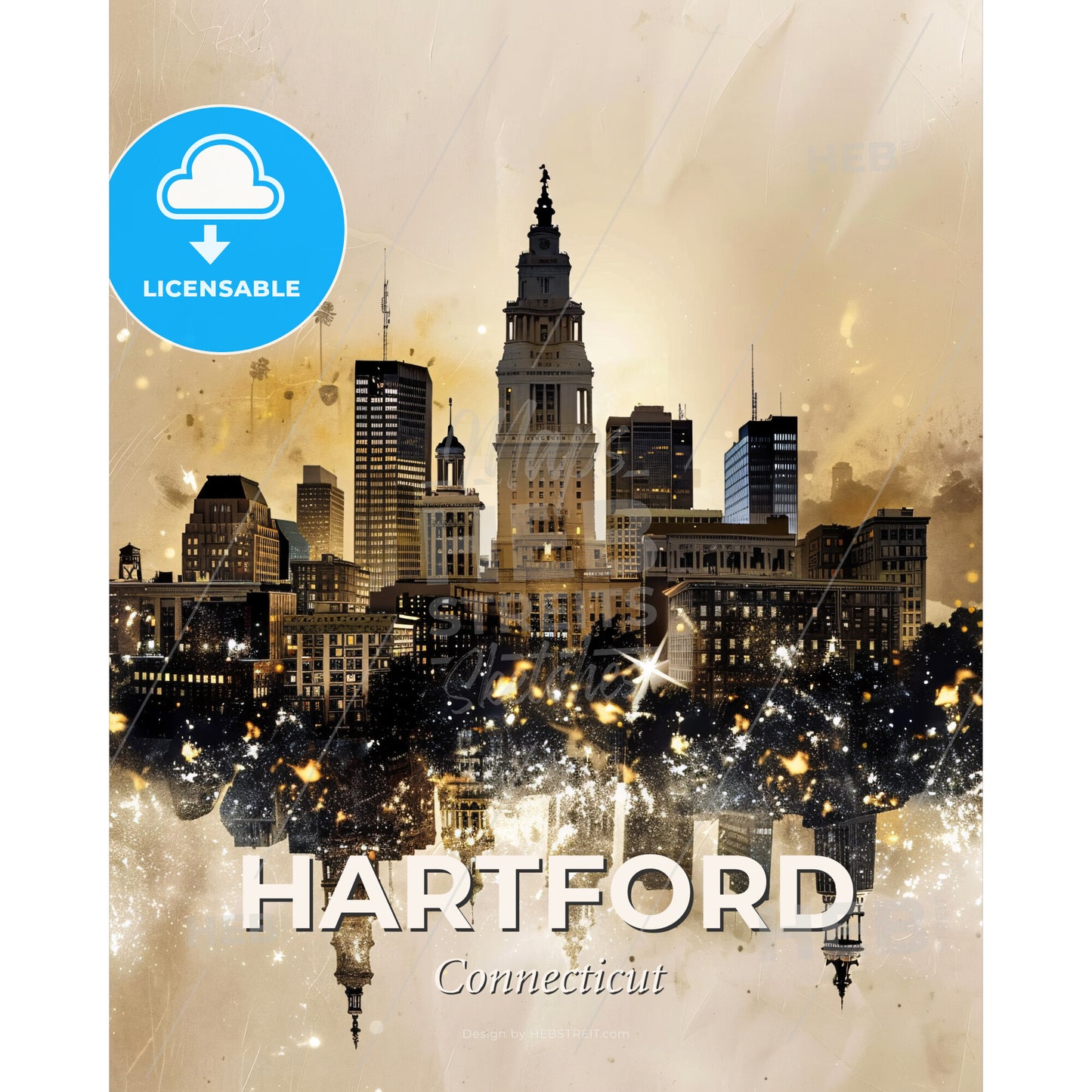 Hartfords Vibrant Skyline Art Canvas Print - A city skyline with many buildings and stars - Square format print template