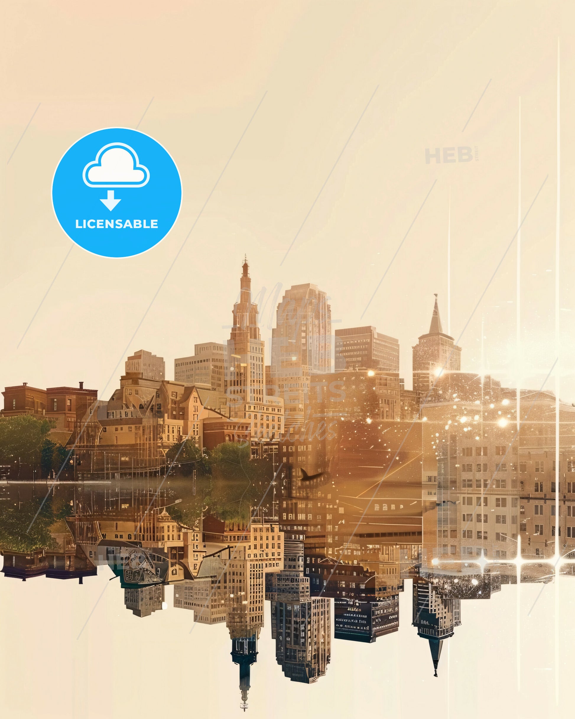 Hartford Skyline Double Exposure Art Poster - A city skyline with buildings reflected in water