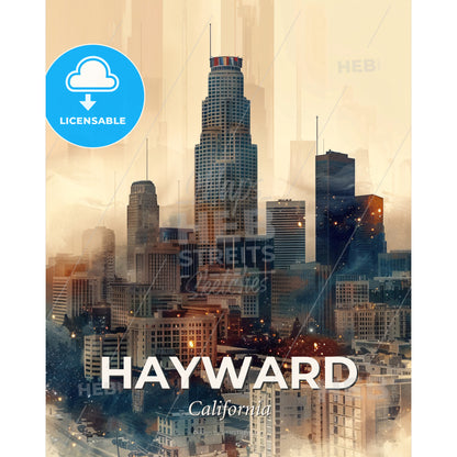 Hayward City Skyline Night Lights Art Poster - A city skyline with many tall buildings - Square format print template