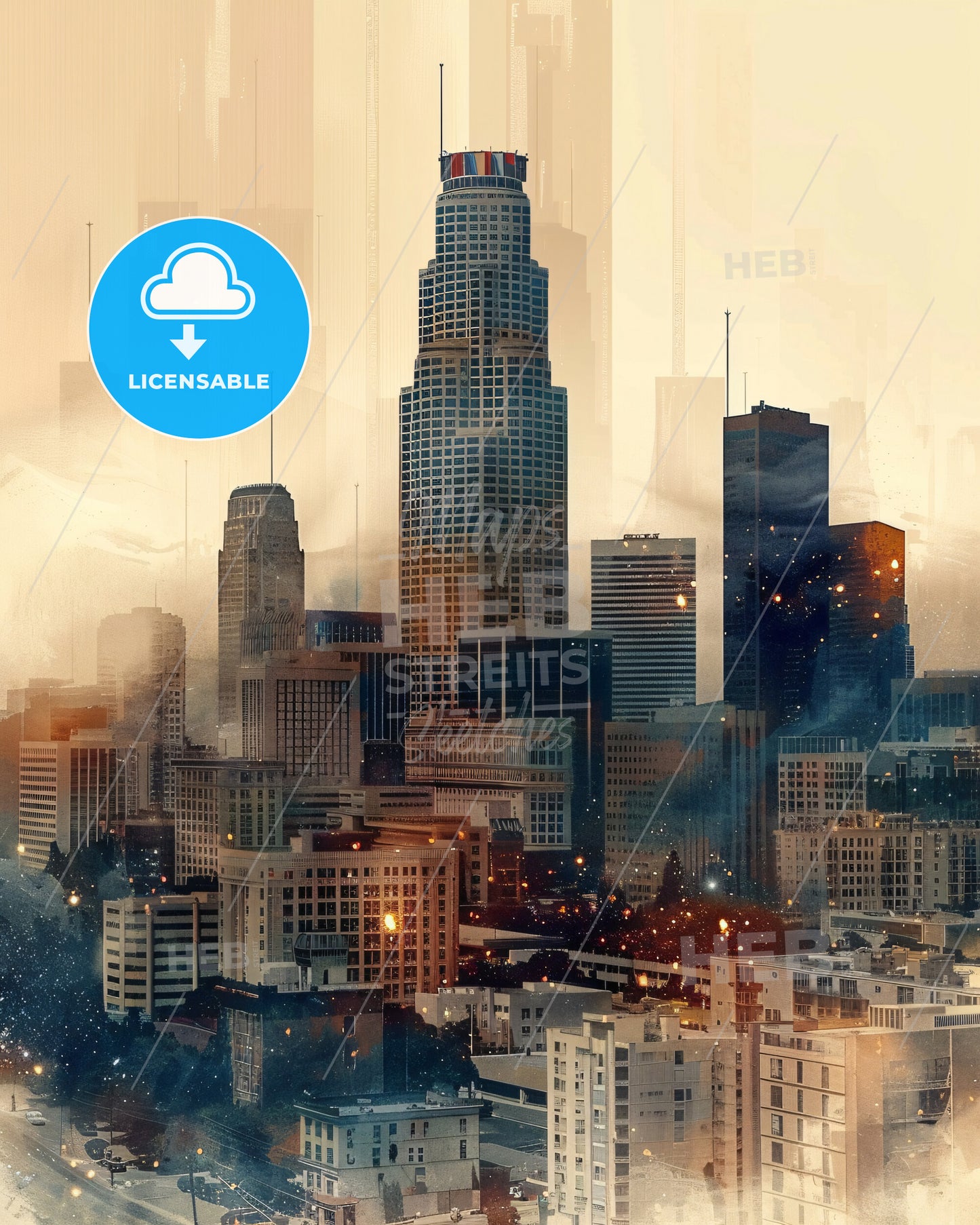 Hayward City Skyline Night Lights Art Poster - A city skyline with many tall buildings