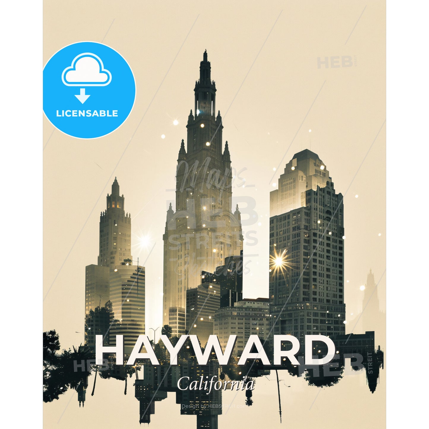 Hayward City Skyline Art Deco Double Exposure - A city skyline with many tall buildings - Square format print template
