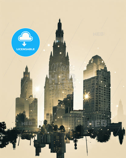 Hayward City Skyline Art Deco Double Exposure - A city skyline with many tall buildings